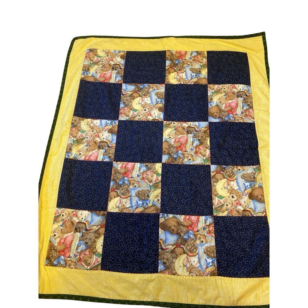 Vintage Hand Made Printed Bears Baby or Childs Quilt Blanket 44x38” Cottagecore